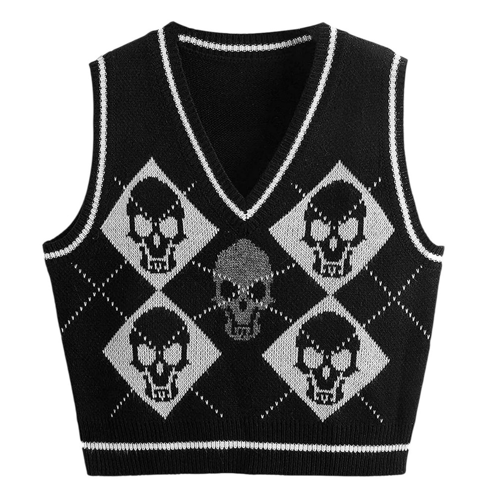 Rock n Doll Skull Argyle Cropped Sweater Vest Small Black Gothic Y2K Knit Top - Picture 2 of 7
